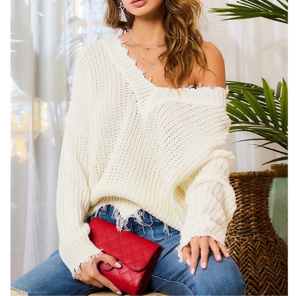 Main Strip V-Neck Frayed Sweater - Picture 1 of 9